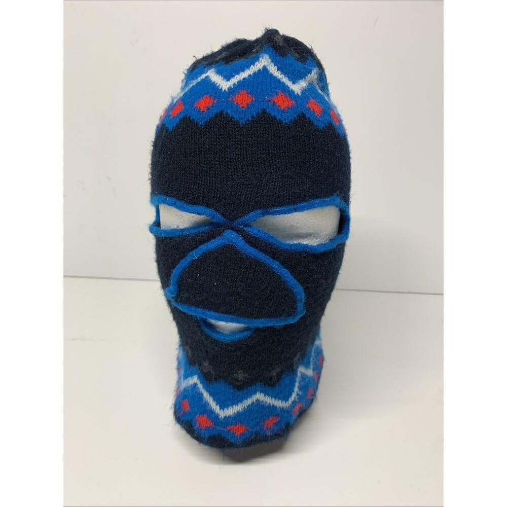 Vintage Knit Ski Mask 3 Hole Striped Navy Red Blue Snow Hat Face Cover Robber